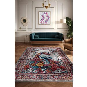 Nuh'un Gemisi Koleksiyonu Unicorn, Çiçek Desenli Art Deco Tarzı Vintage Halı,çok Renkli Maksimalist Halı 100x150 cm
