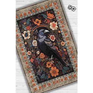 Nuh'un Gemisi Koleksiyonu Kuzgun Çiçek Desenli Karga Temalı Vintage Renkli Maksimalist Halı 120x180 cm