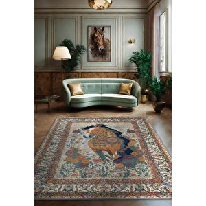 Nuh'un Gemisi Koleksiyonu At, Çiçek Desenli Art Deco Tarzı Vintage Halı,çok Renkli Maksimalist Halı 160x240 cm