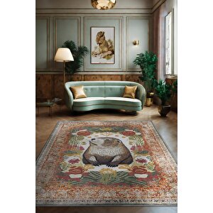 Nuh'un Gemisi Koleksiyonu Su Samuru, Çiçek Desenli Art Deco Tarzı Vintage Halı,çok Renkli Maksimalist Halı 100x150 cm