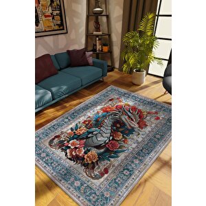 Nuh'un Gemisi Koleksiyonu Ejderha Çiçek Desenli Temalı Vintage Renkli Maksimalist Halı 80x120 cm