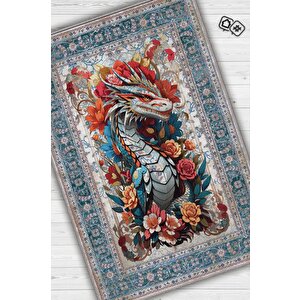 Nuh'un Gemisi Koleksiyonu Ejderha Çiçek Desenli Temalı Vintage Renkli Maksimalist Halı 80x120 cm