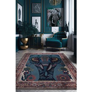 Nuh'un Gemisi Koleksiyonu Fil, Çiçek Desenli Art Deco Tarzı Vintage Halı,çok Renkli Maksimalist Halı 200x300 cm