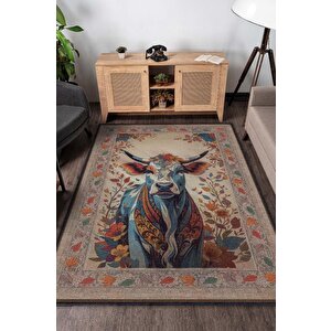 Nuh'un Gemisi Koleksiyonu İnek Çiçek Desenli Temalı Vintage Renkli Maksimalist Halı 100x150 cm