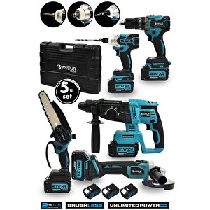 Plus 21v Akülü 5'li Set Kırıcı Delici Hilti Taşlama Somun Sıkma Akülü Vidalama Budama Testeri