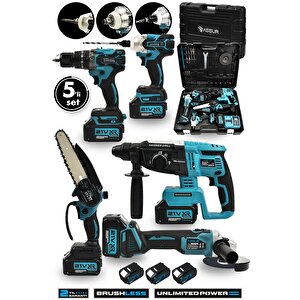 Profesyonel 21v Akülü 5'li Set Kırıcı Delici Hilti Taşlama Somun Sıkma Akülü Vidalama Budama Testeri