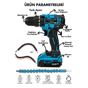 Plus 12v Çift Akülü 84 Parça Şarjlı Matkap Akülü Vidalama