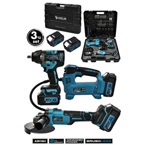 21v Çift Akü 800 Nm Somun Sıkma Sökme 125 Mm Taşlama Hava Pompası 3'lü Set