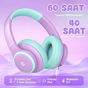 Iclever Gürültü Önleyici Ses Sınırlı 60 Saat Oynatma Süreli Bluetooth Çocuk Kulaklığı Lila