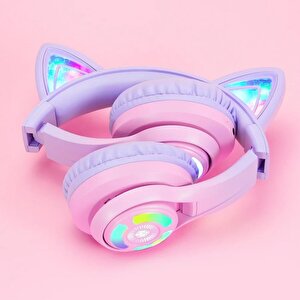 Iclever Kedi Kulaklı Led Işıklı Güvenli Ses Sınırlı 50 Saat Oynatma Süreli Bluetooth Çocuk Kulaklığı Granit Pembe