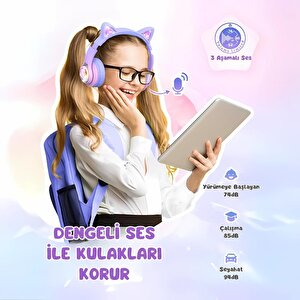 Iclever Kedi Kulaklı Led Işıklı Güvenli Ses Sınırlı 50 Saat Oynatma Süreli Bluetooth Çocuk Kulaklığı Granit Pembe