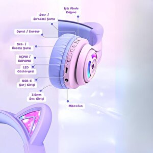 Iclever Kedi Kulaklı Led Işıklı Güvenli Ses Sınırlı 50 Saat Oynatma Süreli Bluetooth Çocuk Kulaklığı Granit Pembe