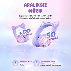 Iclever Kedi Kulaklı Led Işıklı Güvenli Ses Sınırlı 50 Saat Oynatma Süreli Bluetooth Çocuk Kulaklığı Granit Pembe