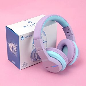 Iclever Led Işıklı Güvenli Ses Sınırlı 85 Saat Oynatma Süreli Bluetooth Çocuk Kulaklığı Lila Mavi