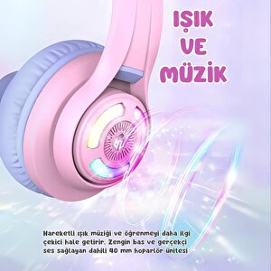 Iclever Kedi Kulaklı Led Işıklı Güvenli Ses Sınırlı 50 Saat Oynatma Süreli Bluetooth Çocuk Kulaklığı Lila