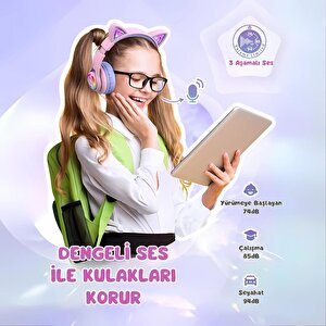 Iclever Kedi Kulaklı Led Işıklı Güvenli Ses Sınırlı 50 Saat Oynatma Süreli Bluetooth Çocuk Kulaklığı Lila