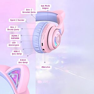 Iclever Kedi Kulaklı Led Işıklı Güvenli Ses Sınırlı 50 Saat Oynatma Süreli Bluetooth Çocuk Kulaklığı Lila