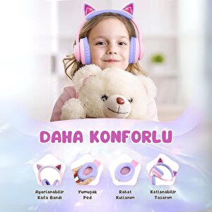 Iclever Kedi Kulaklı Led Işıklı Güvenli Ses Sınırlı 50 Saat Oynatma Süreli Bluetooth Çocuk Kulaklığı Lila