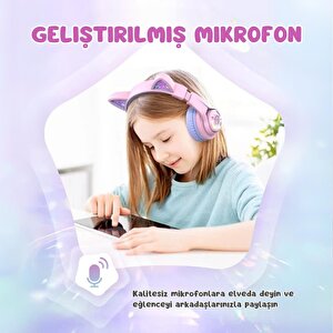 Iclever Kedi Kulaklı Led Işıklı Güvenli Ses Sınırlı 50 Saat Oynatma Süreli Bluetooth Çocuk Kulaklığı Lila