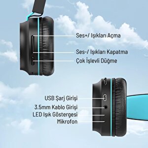 Iclever Led Işıklı Güvenli Ses Sınırlı 30 Saat Oynatma Süreli Bluetooth Çocuk Kulaklığı Lacivert