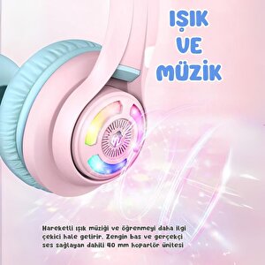 Iclever Kedi Kulaklı Led Işıklı Güvenli Ses Sınırlı 50 Saat Oynatma Süreli Bluetooth Çocuk Kulaklığı Pembe
