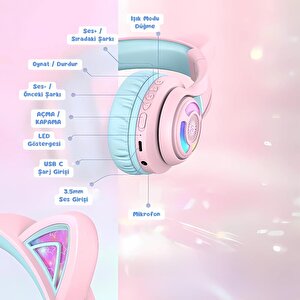 Iclever Kedi Kulaklı Led Işıklı Güvenli Ses Sınırlı 50 Saat Oynatma Süreli Bluetooth Çocuk Kulaklığı Pembe