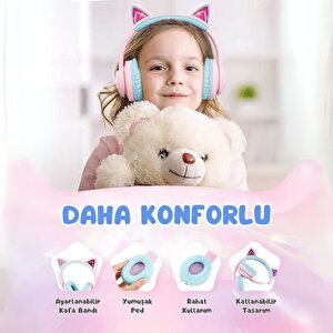 Iclever Kedi Kulaklı Led Işıklı Güvenli Ses Sınırlı 50 Saat Oynatma Süreli Bluetooth Çocuk Kulaklığı Pembe