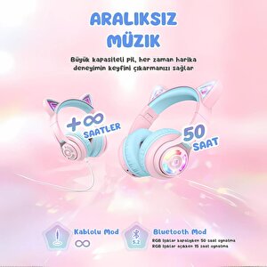 Iclever Kedi Kulaklı Led Işıklı Güvenli Ses Sınırlı 50 Saat Oynatma Süreli Bluetooth Çocuk Kulaklığı Pembe