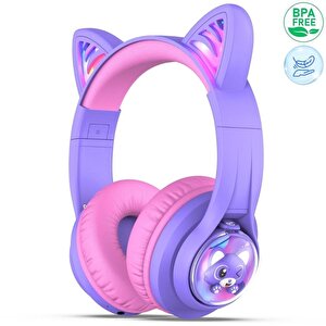 Iclever Kedi Kulaklı Led Işıklı Güvenli Ses Sınırlı 45 Saat Oynatma Süreli Bluetooth Çocuk Kulaklığı Mor