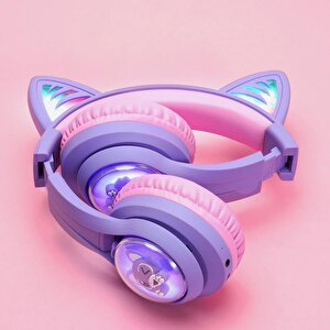 Iclever Kedi Kulaklı Led Işıklı Güvenli Ses Sınırlı 45 Saat Oynatma Süreli Bluetooth Çocuk Kulaklığı Mor