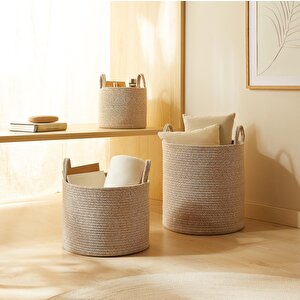 Ocean Home Textile 3'lü Bej Kırçıllı Pamuklu Halat Sepet Set 26 X 22 / 35 X 27 / 40 X 40 Cm
