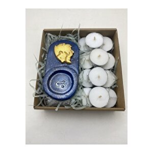 Aslan Burcu Mavi Mumluk - 3 Adet Tealight Balmumu Mum Hediyeli - Özel Kutusunda