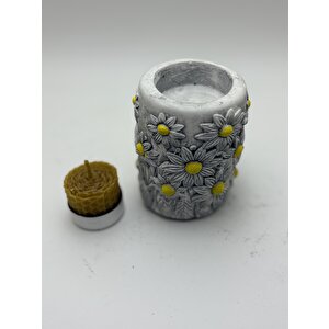 Vivusin Papatya Desenli Tealight Mumluk - Balmumu Mum Hediyeli