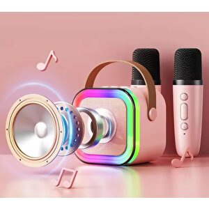 Kareoke Mikrofonu Hoparlör Çift Mikrofon Seti Rgb Işıklı