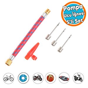 Pompa Ucu İğne Seti 5'li Hortum Bağlantılı Bisiklet Top Yat Şambrel Teker Şişirme Metal Plastik Jakı