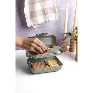Yeşil Lunch Box 2 Katlı 5 Bölmeli Kendinden Çatal Kaşıklı Beslenme Kutusu