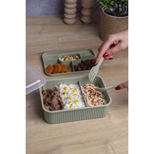 Yeşil Çizgili Beslenme Kutusu 5 Bölmeli Çatal Kaşıklı Şeffaf Kapaklı Lunch Box