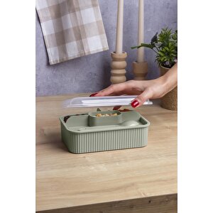 Yeşil Çizgili Beslenme Kutusu 5 Bölmeli Çatal Kaşıklı Şeffaf Kapaklı Lunch Box
