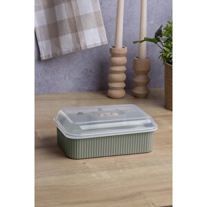 Okyanus Home Yeşil Çizgili Beslenme Kutusu 5 Bölmeli Çatal Kaşıklı Şeffaf Kapaklı Lunch Box