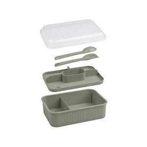 Okyanus Home Yeşil Çizgili Beslenme Kutusu 5 Bölmeli Çatal Kaşıklı Şeffaf Kapaklı Lunch Box