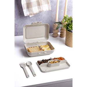 Bej Lunch Box 2 Katlı 5 Bölmeli Kendinden Çatal Kaşıklı Beslenme Kutusu