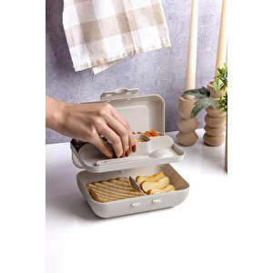 Bej Lunch Box 2 Katlı 5 Bölmeli Kendinden Çatal Kaşıklı Beslenme Kutusu