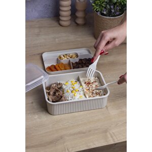 Okyanus Home Bej Çizgili Beslenme Kutusu 5 Bölmeli Çatal Kaşıklı Şeffaf Kapaklı Lunch Box