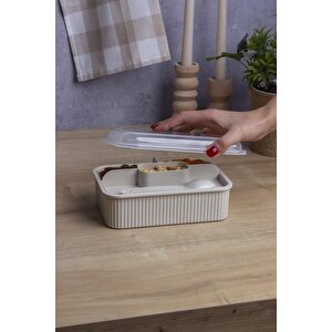 Okyanus Home Bej Çizgili Beslenme Kutusu 5 Bölmeli Çatal Kaşıklı Şeffaf Kapaklı Lunch Box