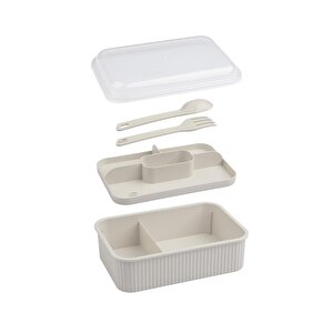 Okyanus Home Bej Çizgili Beslenme Kutusu 5 Bölmeli Çatal Kaşıklı Şeffaf Kapaklı Lunch Box
