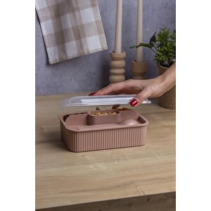Pudra Çizgili Beslenme Kutusu 5 Bölmeli Çatal Kaşıklı Şeffaf Kapaklı Lunch Box