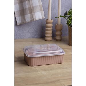 Okyanus Home Pudra Çizgili Beslenme Kutusu 5 Bölmeli Çatal Kaşıklı Şeffaf Kapaklı Lunch Box