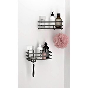 Banyo Düzenleyici Yapışkanlı Metal Banyo Rafı İkili Duş Rafı Organizer Şampuanlık Mat Siyah-gnrl281