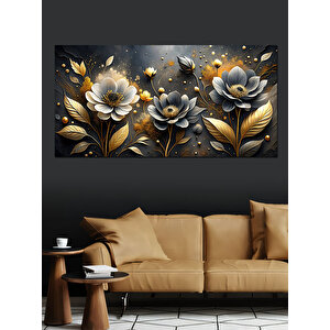 Kanvas Tablo Siyah Ve Altın Çiçekler 50x100 cm