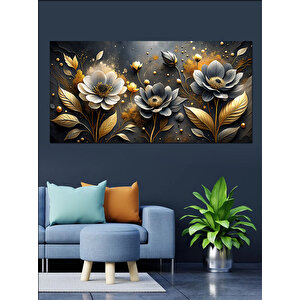 Kanvas Tablo Siyah Ve Altın Çiçekler 50x100 cm